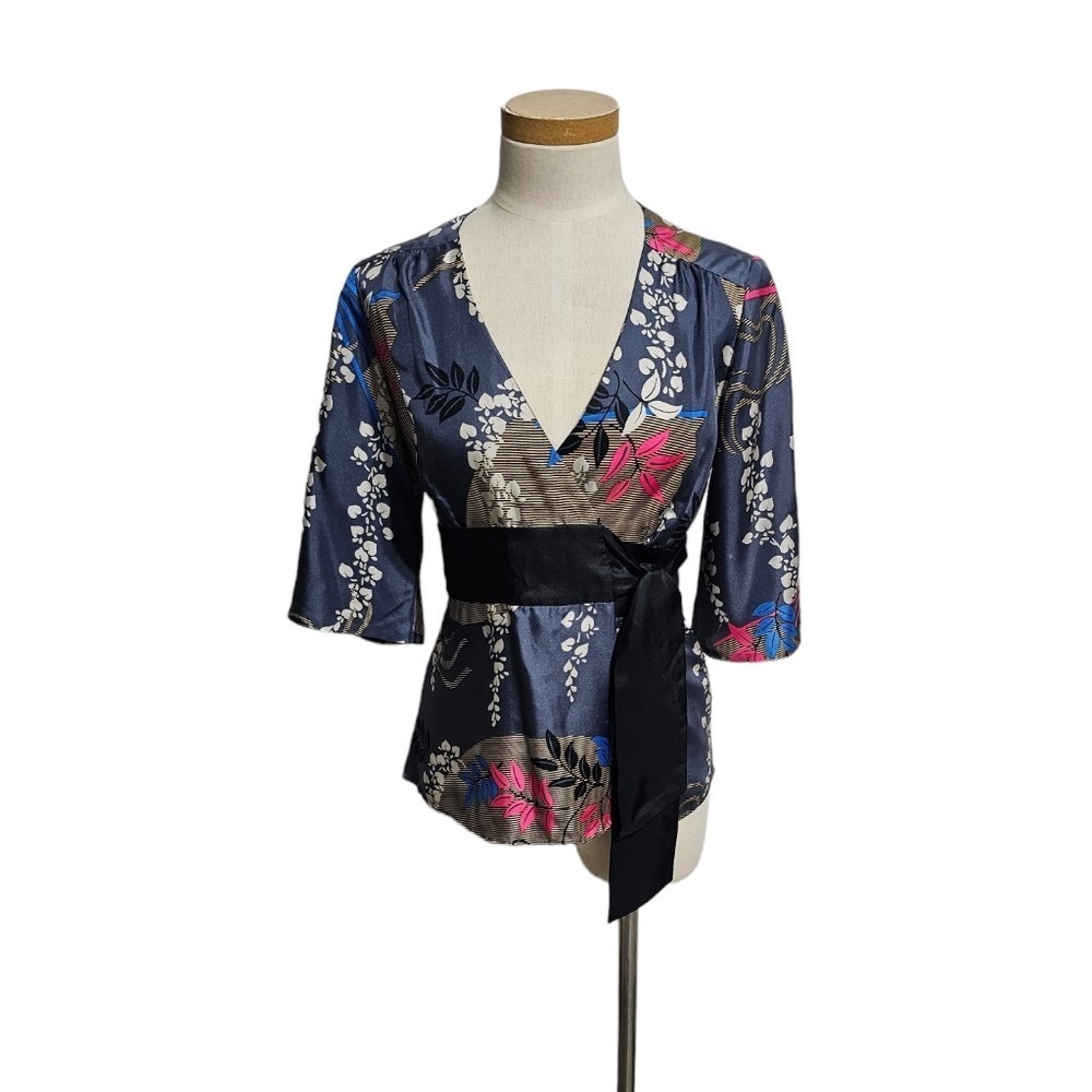 Tibi Floral Silk Kimono Blouse Women's Large Blue